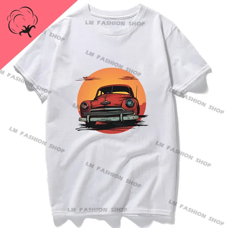 Classic Car Sunset Graphic T Shirt Homme Women and Mens Clothing New in Tops & Tees Printed T-shirt 100% Cotton Nostalgic Design