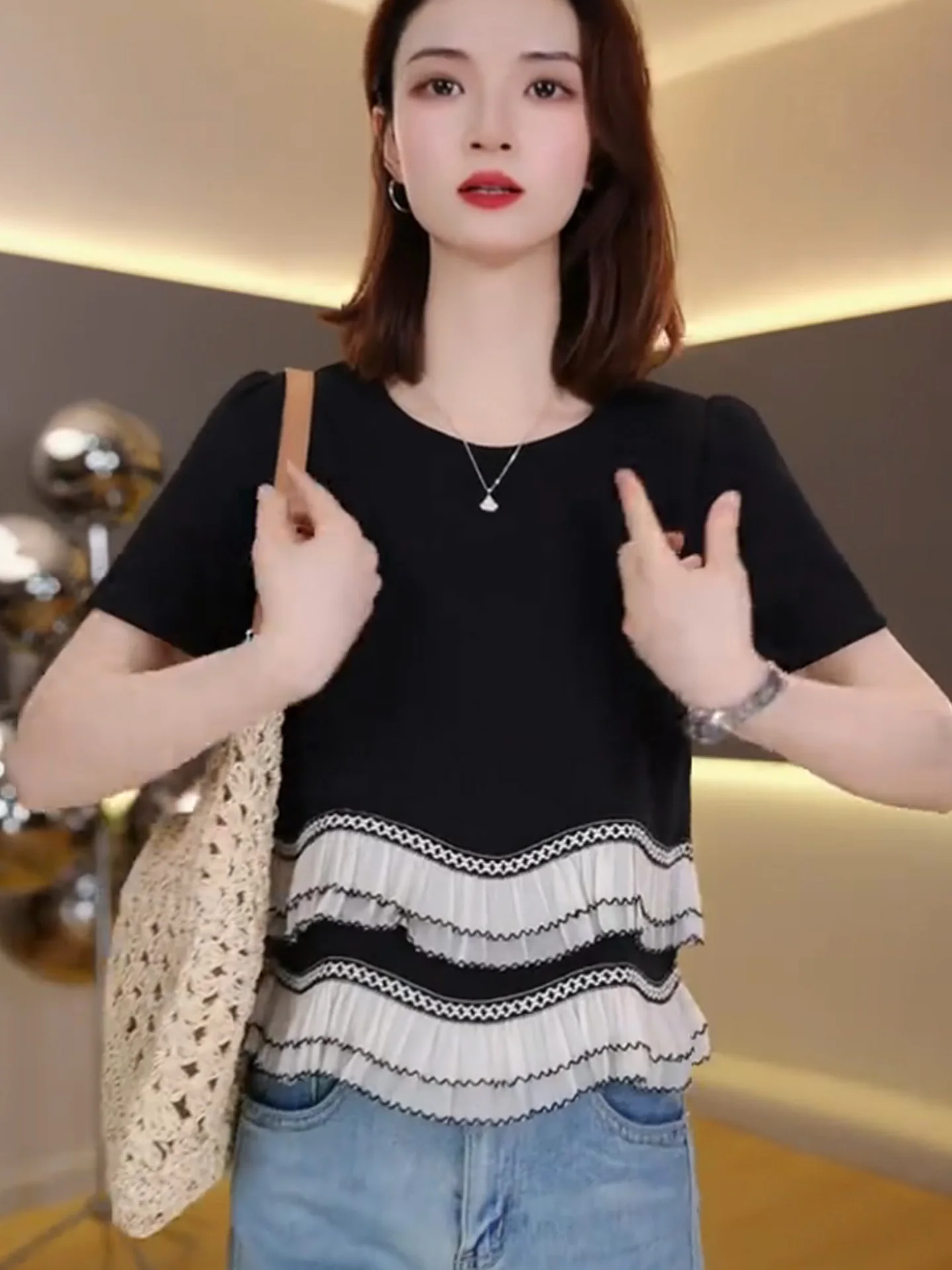 

Модная женская футболка с цветными блоками и коротким рукавом, весна-лето, повседневный шик, плиссированный дизайн, корейский стиль, топ с круглым вырезом