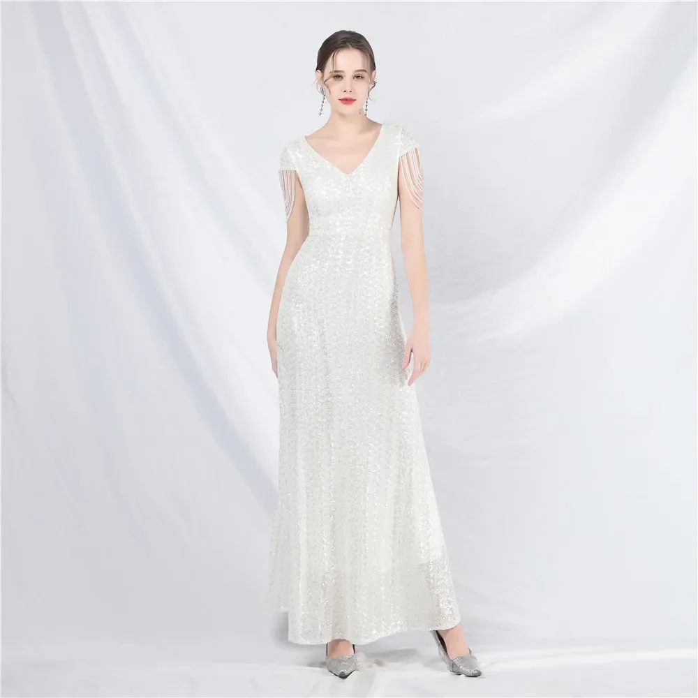 

A-Shaped Floor-Length Evening Dress Sequins Rhinestones Shiny Mermaid V-Neck Raglan Sleeve Wedding Party Dresses Prom Gown