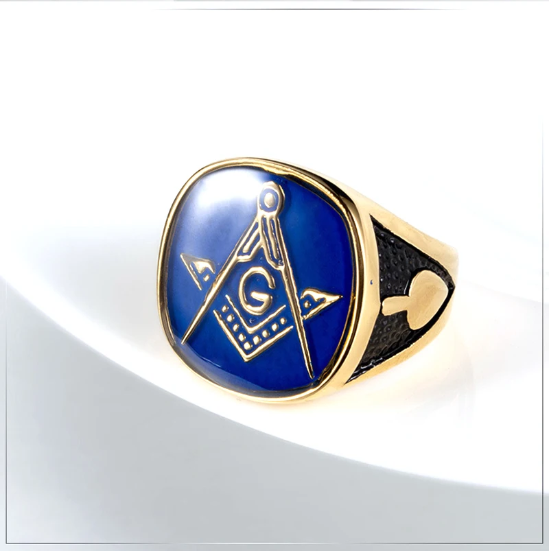 Blue Enamel Mason Wholesale Personalized Stainless Steel Freemasonary Signet 18k Gold Masonic Rings for Men