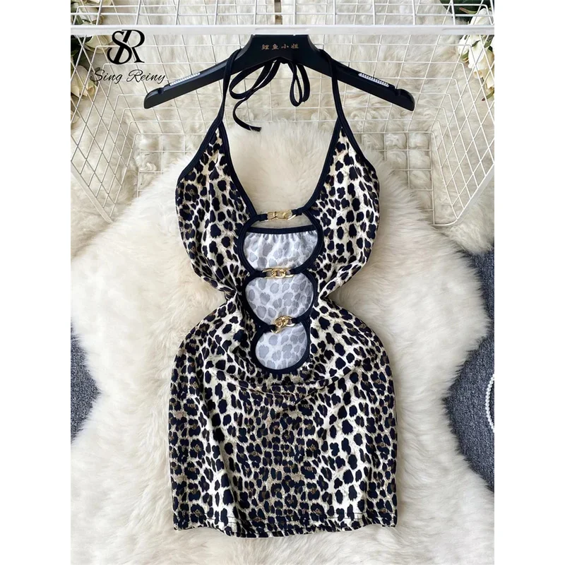 

SINGREINY Halter Leopard Camis Dress Fashion American Vintage Bodycon Dress Hollow Out Backless Women Slim Sensual Dress