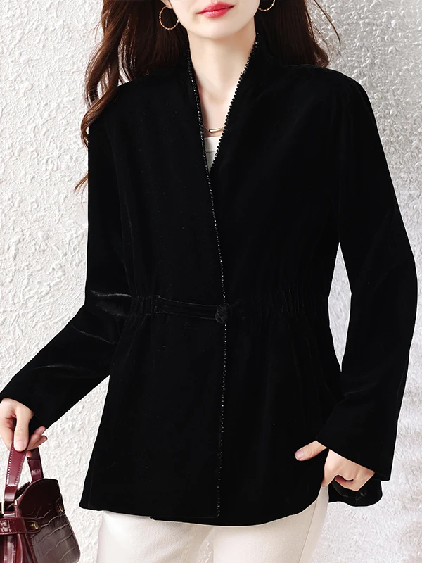 Fashionable Velvet Jacket Open Front Pearl Embellished Loose Top Women's Autumn 2026 Brand New Style Versatile Polyester Fiber