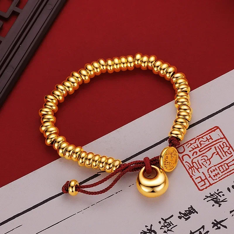 

New9999 24K Real Gold Ladies Glossy Peace and Joy Coiled Red Rope Bracelet Hot Simple Women's Temperament Jewelry