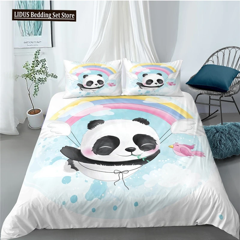 Panda Duvet Cover Set Cartoon Style Cute Kawaii Bear Drawing Comforter Cover For Kids Polyester Bedding Set King Queen Full Size