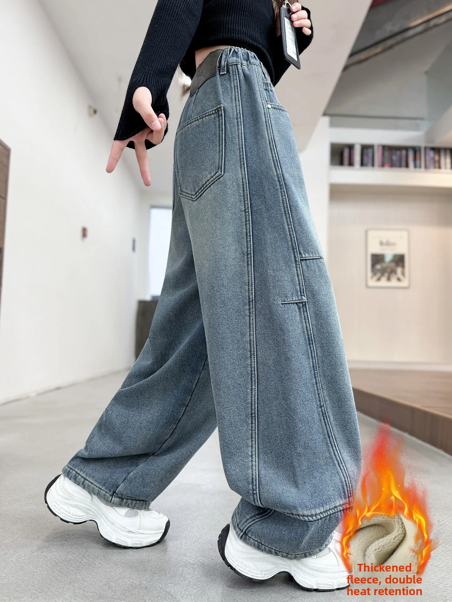 

Thiened Fce Wide Leg Jeans for Girls Winter Casual Sle Elastic Waist Denim Pants Trousers with Patchwork Knife
