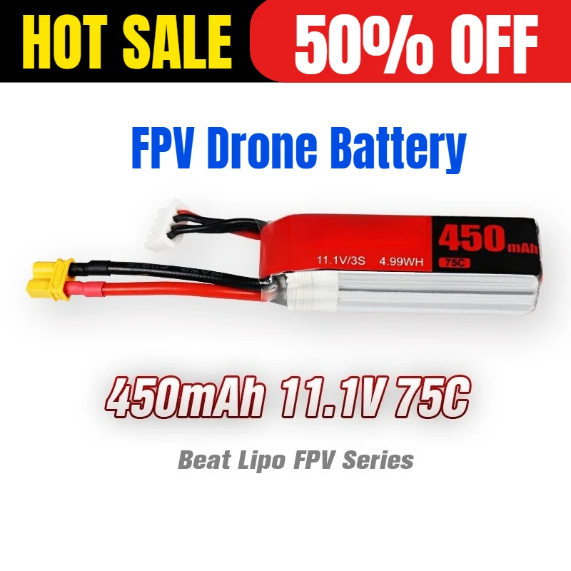 

450mAh 3S/11.1V/75C FPV Drone Battery XT30/XT60 Plug