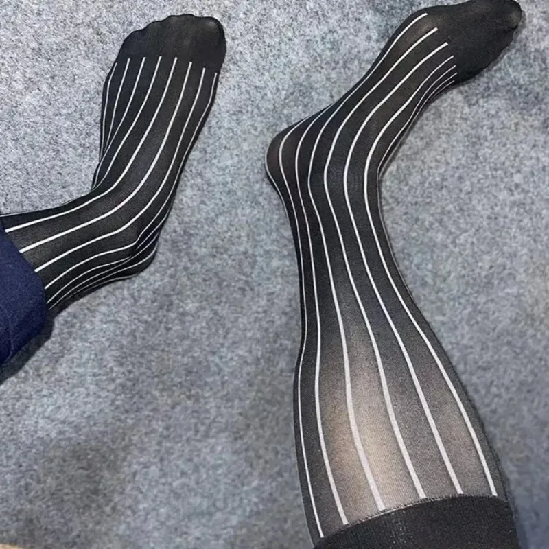 Men Striped Socks Man Ultra Thin Silk Formal Dress Suit Long Socks for Men Sexy Sheer Stockings Erotic Male Business Dress Socks - view 2