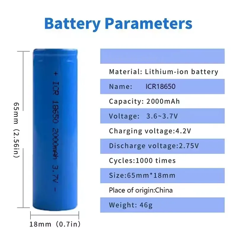 18650 Lithium Battery 3.7V 2000mAh Rechargeable Battery for Solar Flashlight Aircraft Model Model Electronic Toy Heater