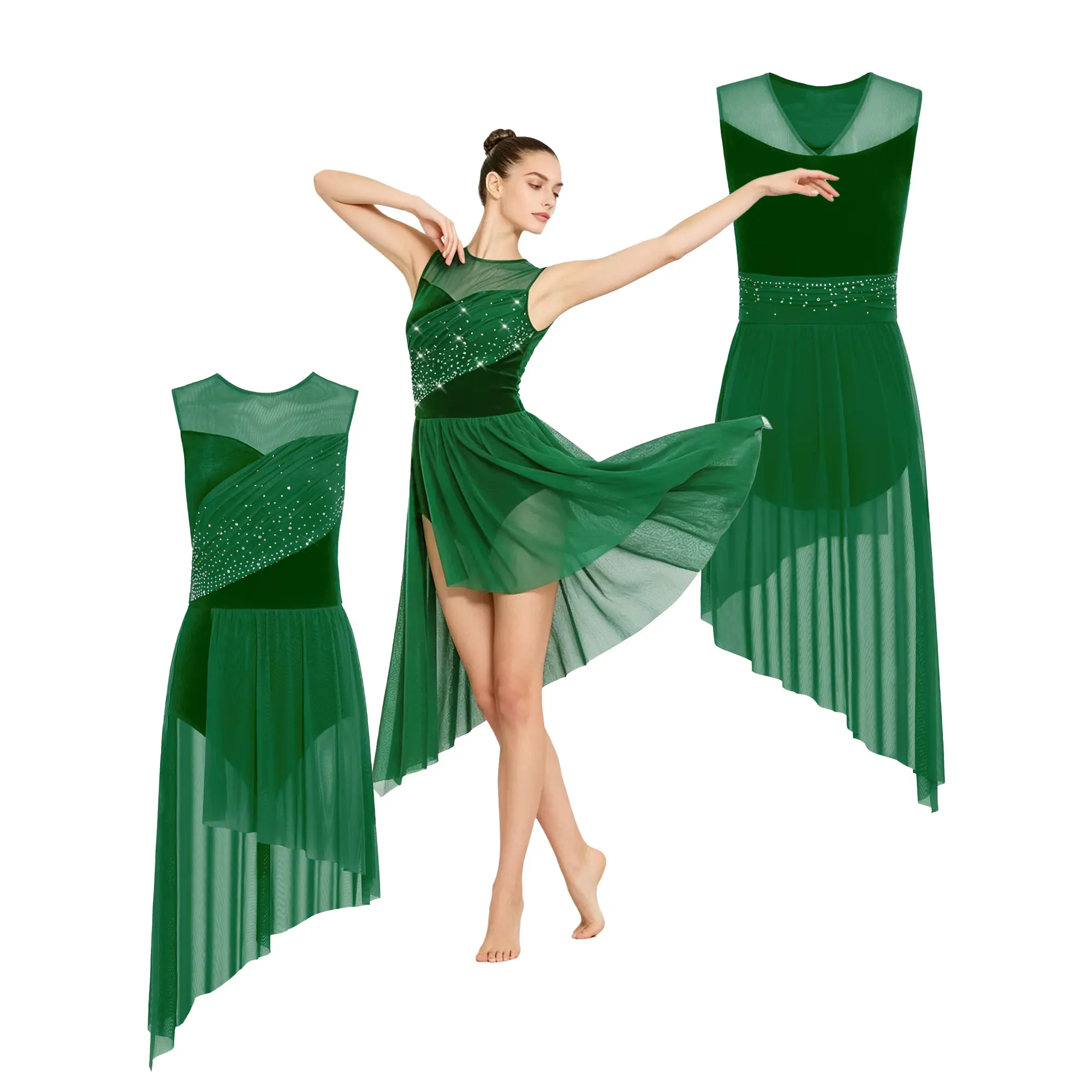 

Women Figure Skating Lyrical Contemporary Performance Costume Mesh Sleeveless Built-in Briefs Rhinestones Velvet Dance Dresses