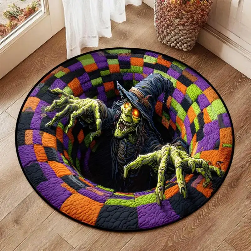 Halloween 2D Illusion Deep Hole Round Rug Spooky Witch Graphic Creepy Party Floor Decoration