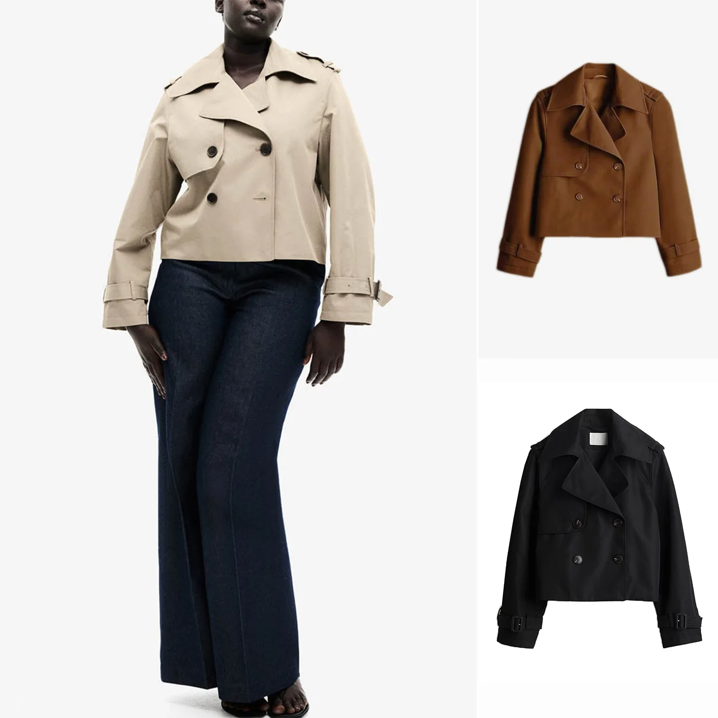 

Loose Fit Long Sve Double Breasted ort Coat Jaet Autumn New Women's Faion Flat Collar Imitation Windbreaker Coat