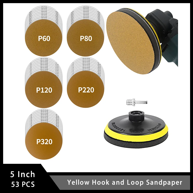 

5 Inch Yellow Hook and Loop Sandpaper 53PCS with Backing Pad Assorted Grit for Sanding and Finishing Metal Wood Rubber Leather