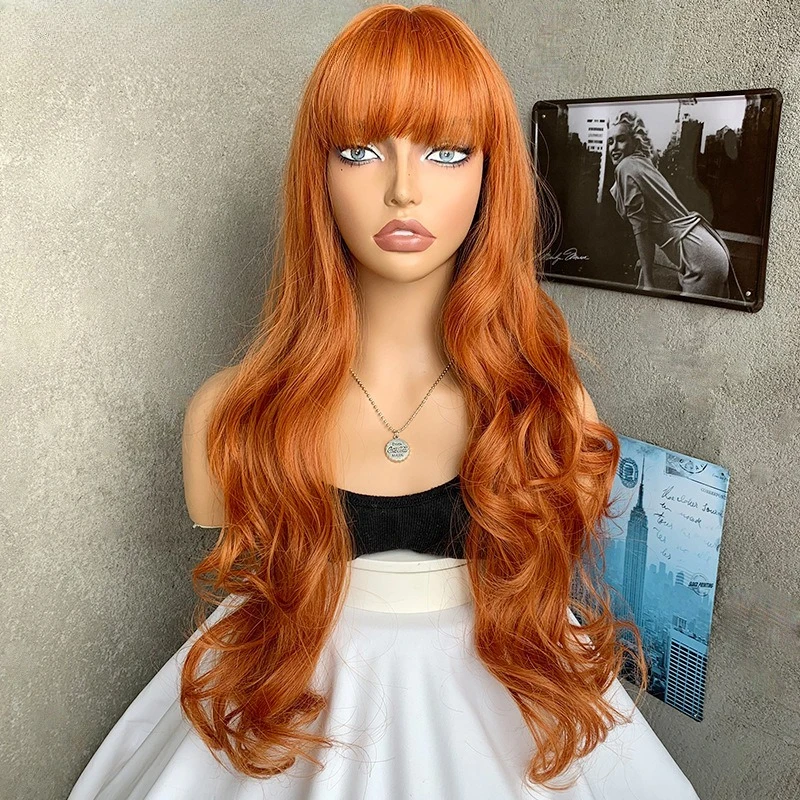 

European and American fashion long curly hair Qi bangs orange matte high temperature silk simulation wig women's headgear