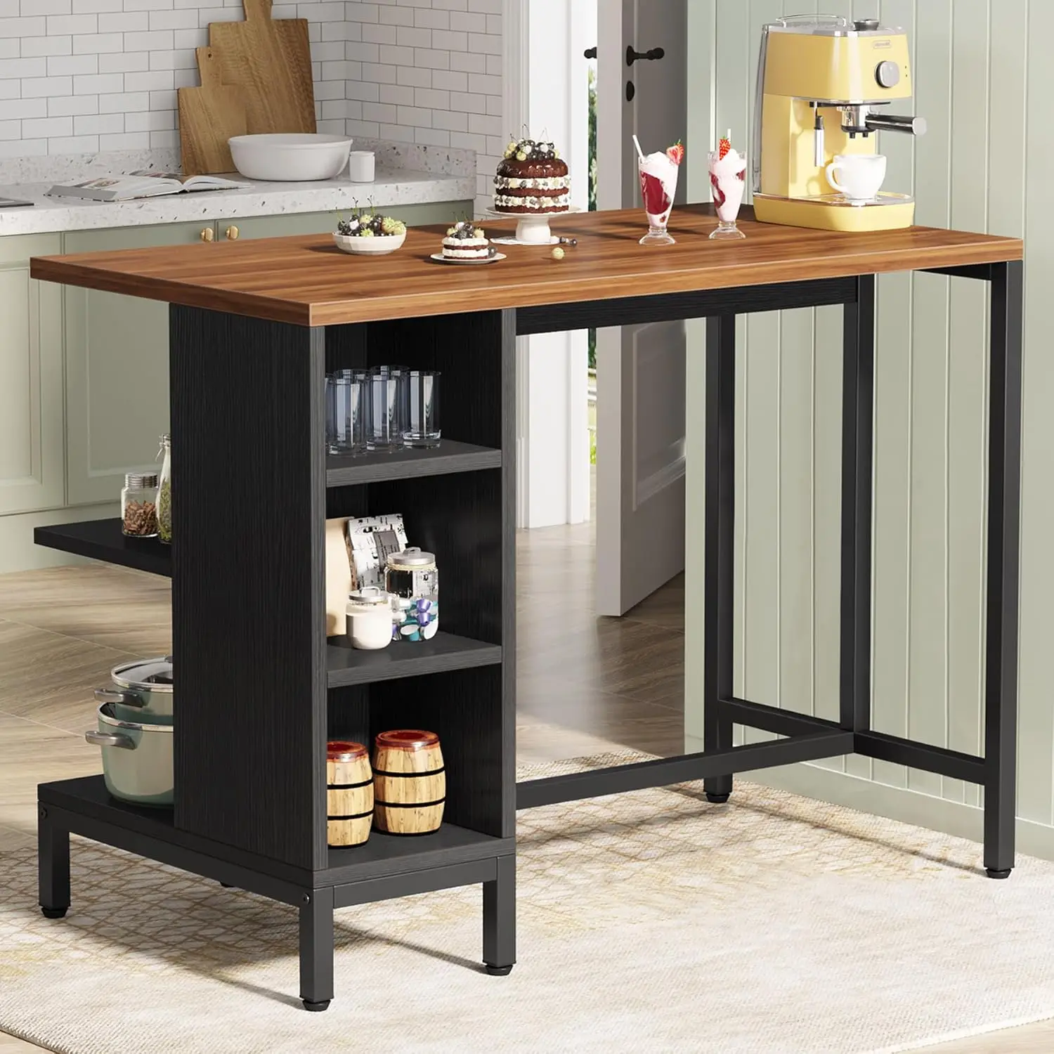

Kitchen Island, Kitchen Shelf Bar Table with 5 Open Storage Shelves and Large Worktop, Industrial Butcher Block Island