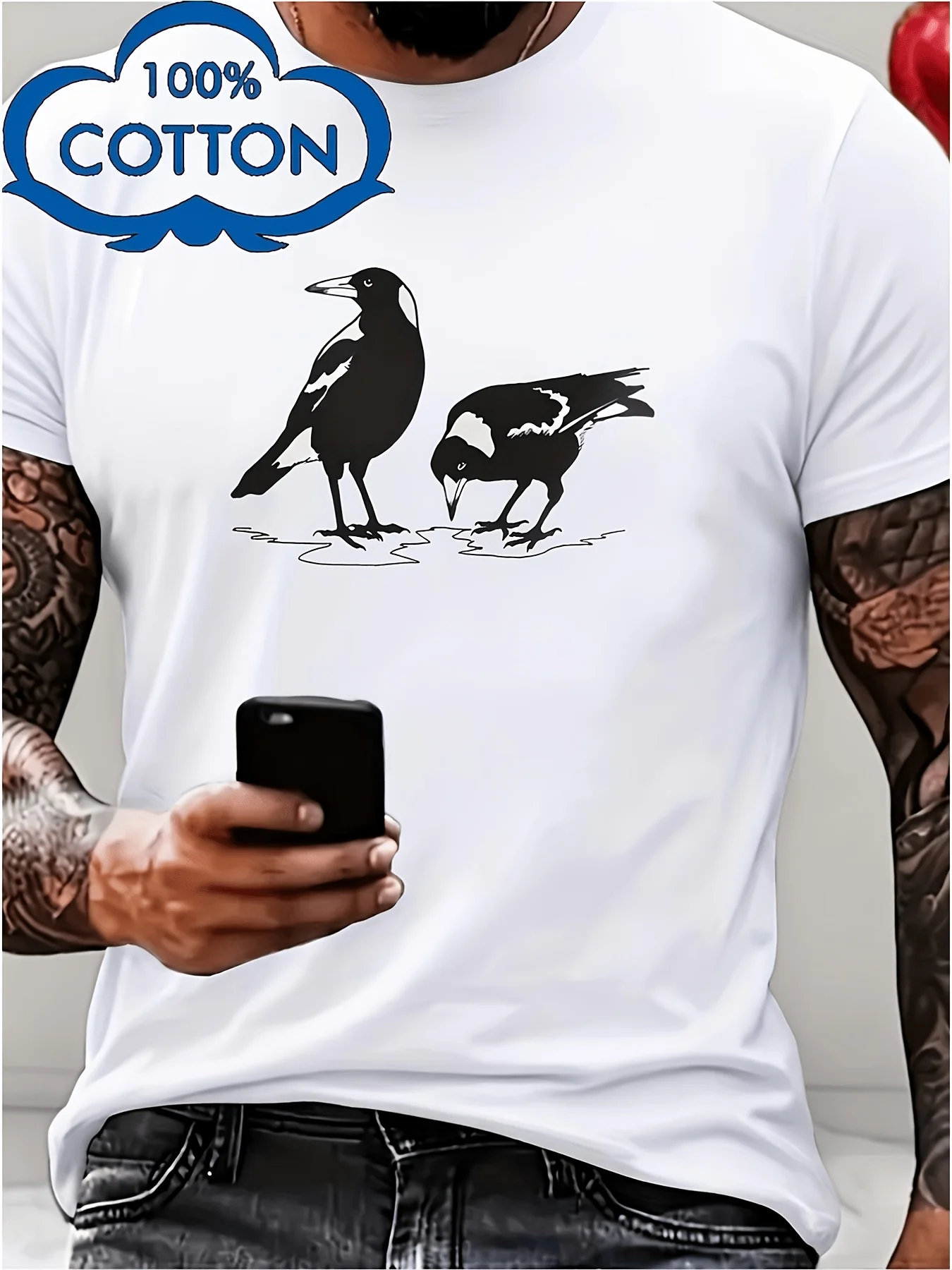 Unisex T-Shirt Featuring an Australian Magpie Print - Made from Pure Breathable And Highly Elastic Includes Plus-Size Short-Sleeved T-Shirts in Black White Gray Red And Blue As Vintage Streetwear Soft Breathable Daily Casual Wear Relaxed Fit Trendin