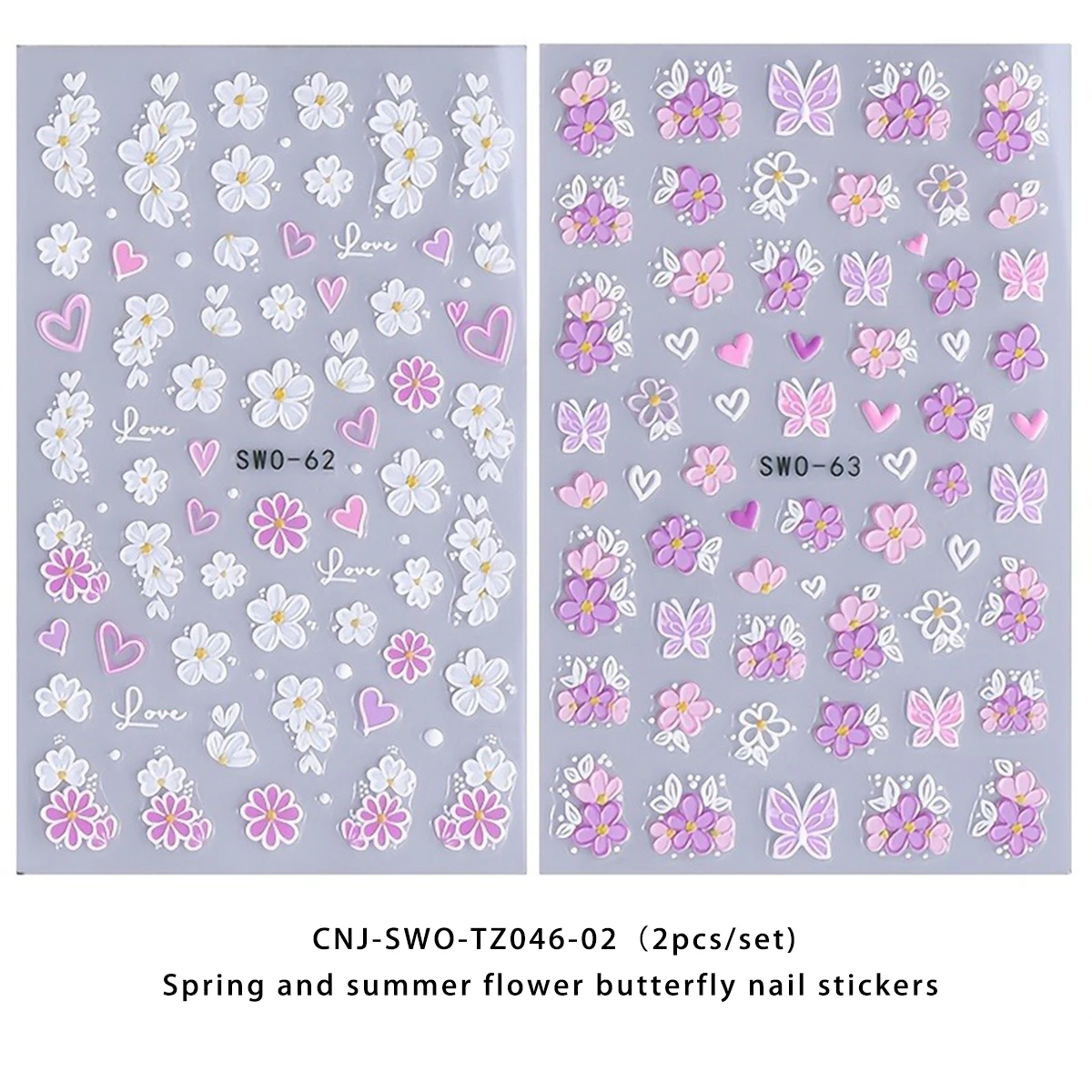  2PCS Spring/Summer flower relief nail stickers, easy to apply for DIY nail decoration, gifts, party and wedding makeup styling