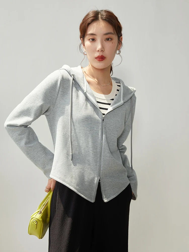 DUSHU Casual Style Double Zipper Hooded Sweater Women Autumn Slim Thin All-match Commuter Solid Color Female Hoodie Tops