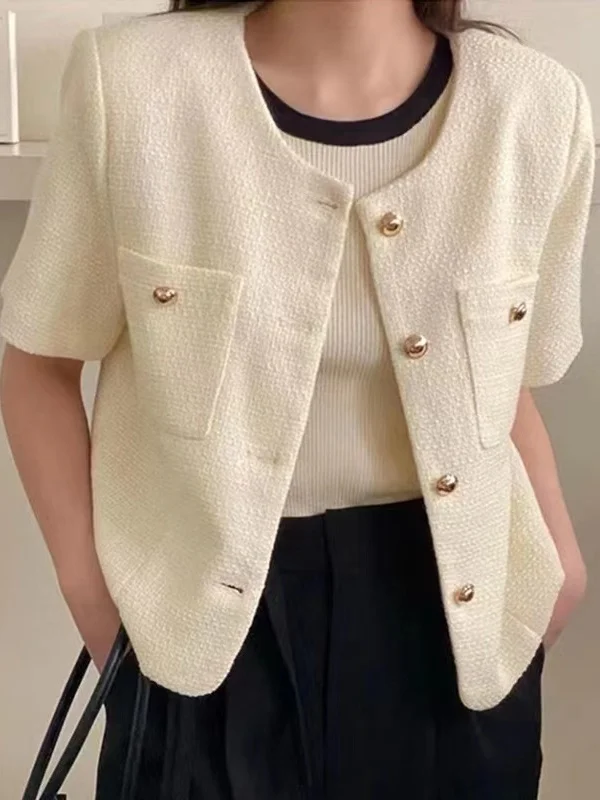 

Elegant Loose Short Sleeve Woolen Coat Women's Button up Top Summer Fashion High-End Feeling Straight Cut Style round Neck