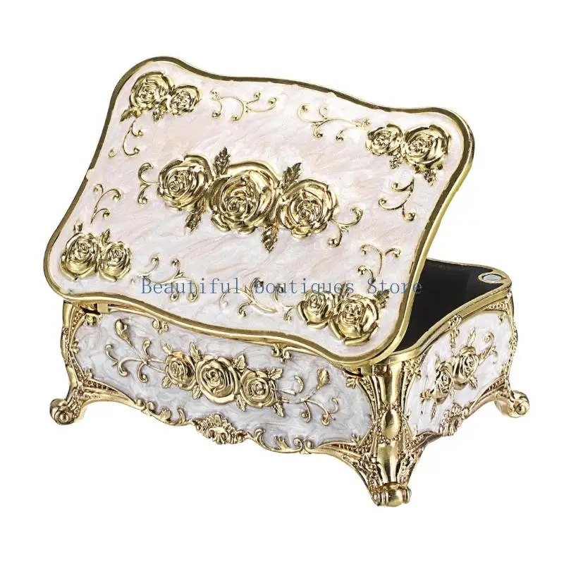 

U4LF Rose Designs Metal Jewelry Box Plush Lined Compartments for Necklace Earrings