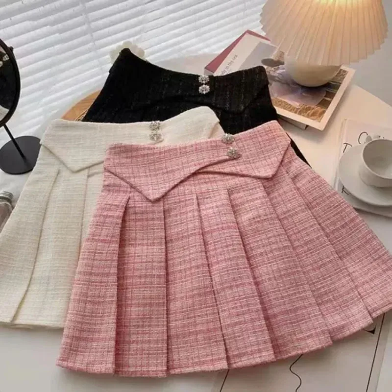 

Jk Pleated Tweed Skirts Women Elegant Sexy Hight Waist Slim Skirts Autumn Pink Sweet Preppy Style Buttons Mini Dress