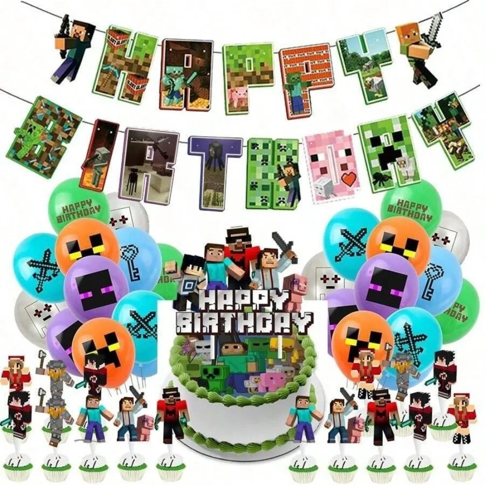 Minecraft Birthday Party Decoration Set - Pixel Game Birthday Banner, Balloon, Cake Decoration, Game Props Gift
