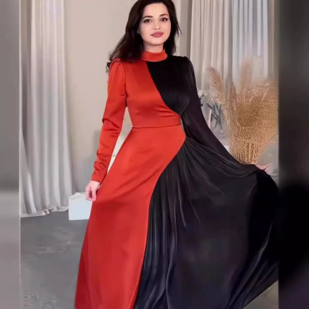 French Dress for Women Half High Collar Slim Belt Vintage Dress Islamic Clothing Dubai Abaya Turkey Arabic Muslim Dress Women