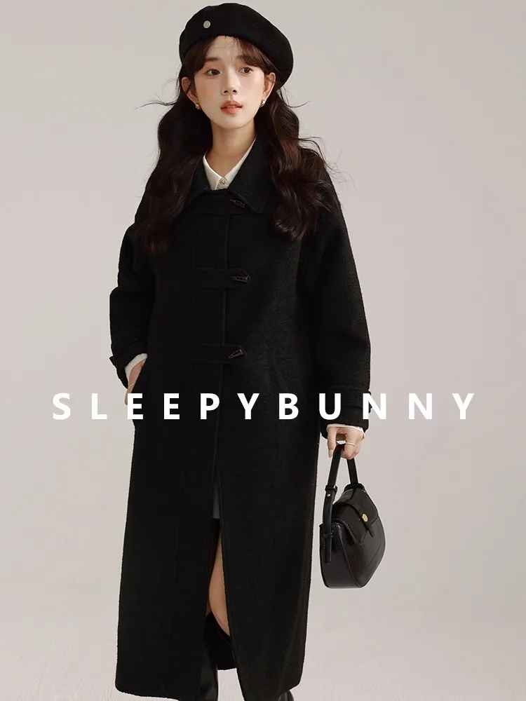 

Vintage Wool Coat for Women Long Loose Fit Duffle Jacket Lapel Elegant Windproof Slimming Winter Outerwear for Casual Daily Wear