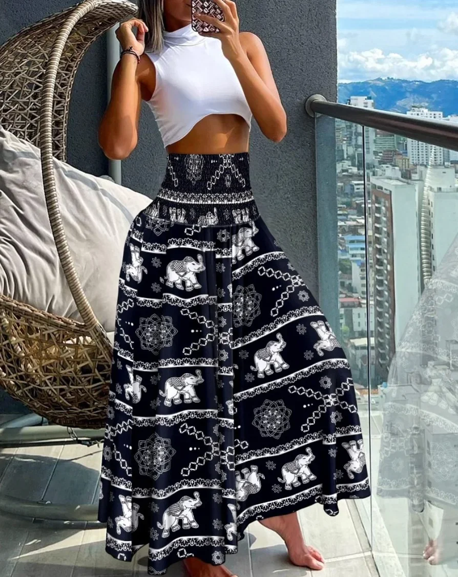 Damen Maxirock mit Smok-Details, hoher Taille und Paisley-Print – Fließender A-Linien-Rock für Strandurlaub und Freizeit – Detail 13