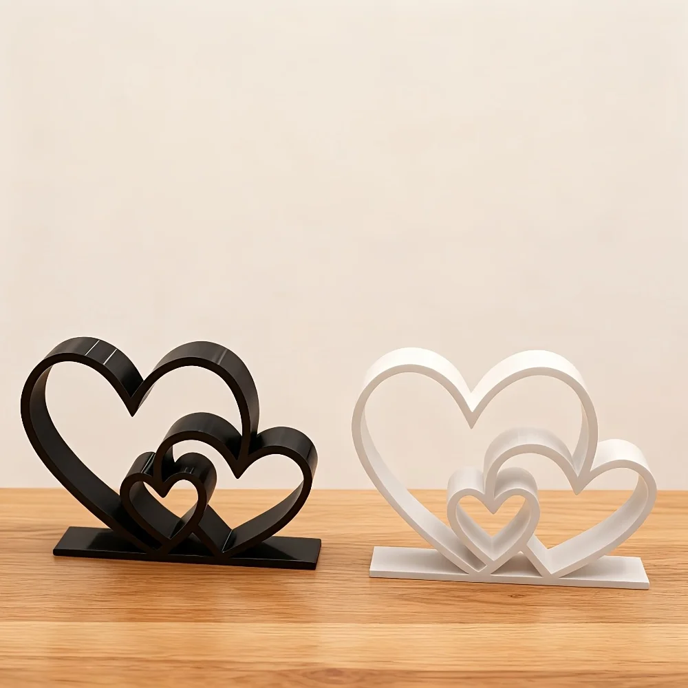 Heart shaped romantic couple sculpture, three connected statues of hearts - love themed ornament, romantic couple anniversary