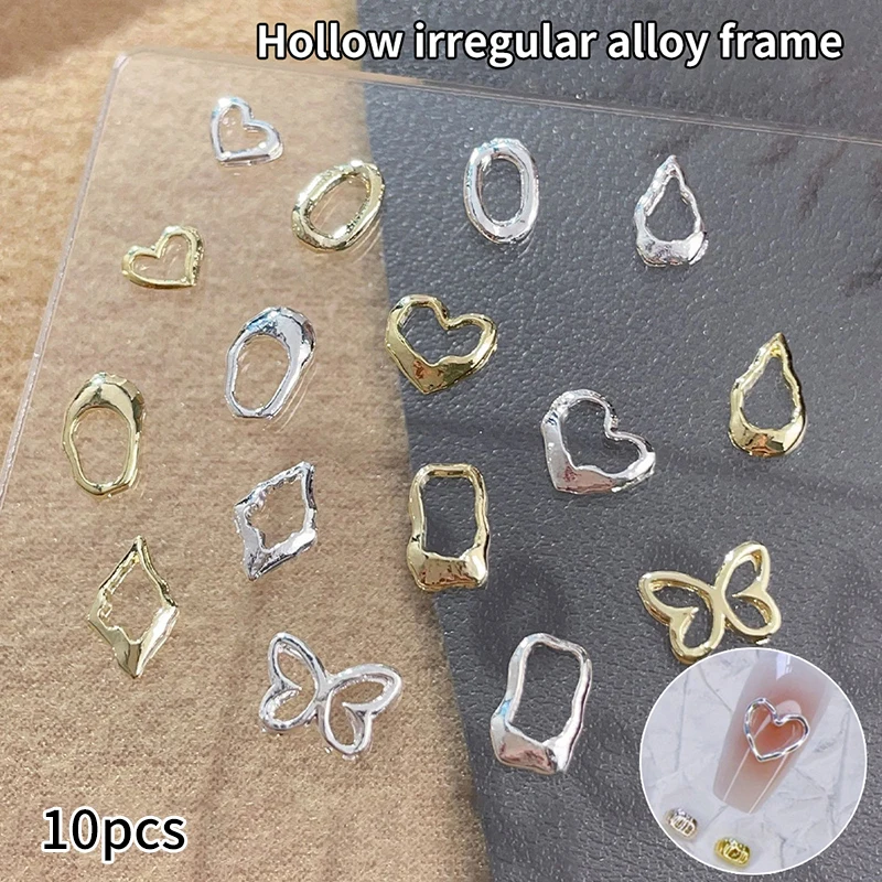 10Pcs Gold Silver Hollow Butterfly Heart Nails Charms Alloy Metal Nails Decorations Jewelry Accessories 3D Manicure Accessories