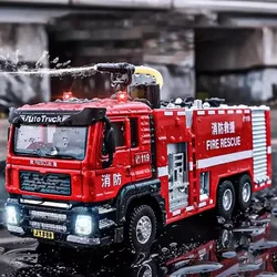 1:50 Scale Alloy Diecast Car Model Toy Fire Engine Metal Body Simulated Water Spray Light Sound Pull Back Children's Models Toys