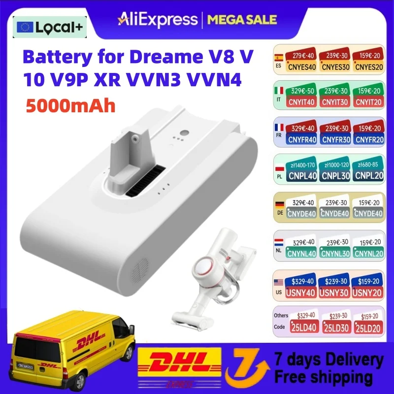 Batteria originale da 5000 mAh per Dreame V9 V9P XR V10 VVN3 VVN4 V8 Batteria di ricambio Tenuto in mano Cordless Aspirapolvere Accessorio