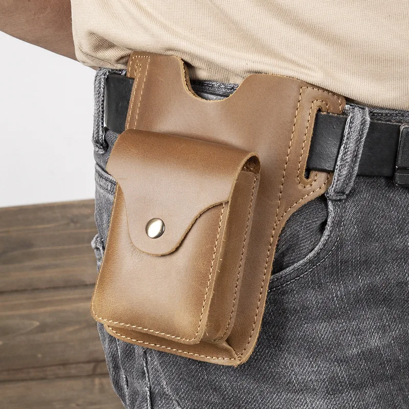 Men's waist bag - genuine leather tactical sports outdoor construction work pants waist belt bag - cowhide mobile phone bag