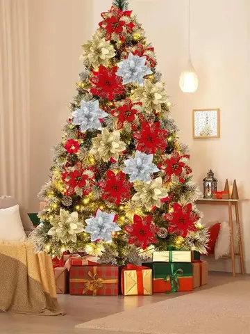 Christmas Glitter Artificial Flowers Christmas Tree Hanging Ornaments Fake Flower for Home 2025 Xmas New Year 2026 Navidad Gift