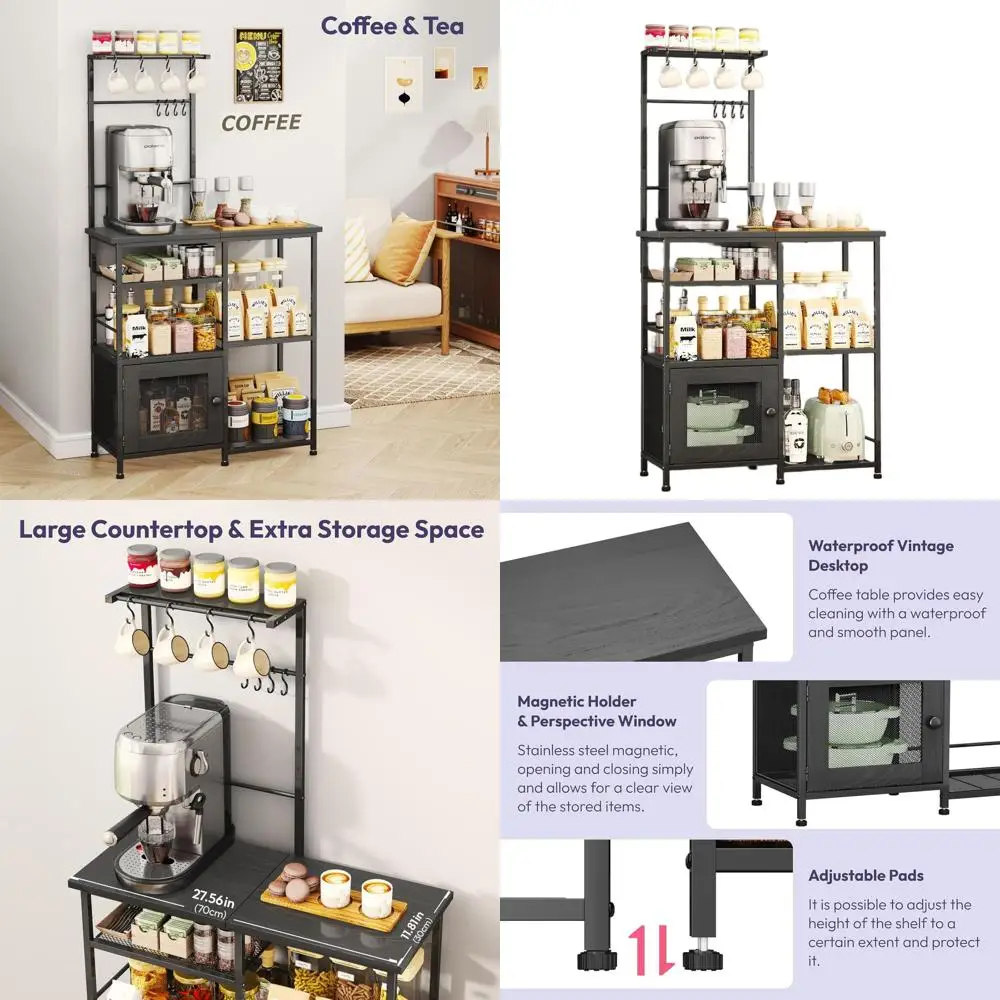 

Органайзер для кофейного бара с местом для хранения, 8 крючками, полками, дверцей для шкафа, черный