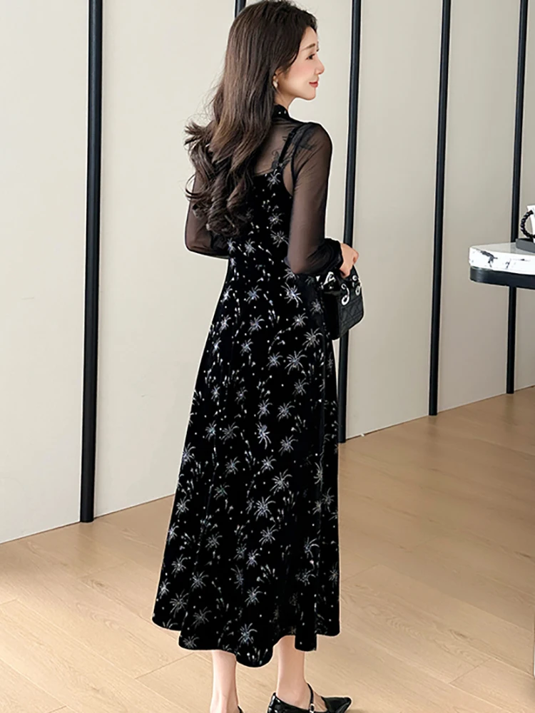 المرأة الكورية خمر هيبورن فستان فاخر الدعاوى الخريف الشتاء الأسود المخملية المرقعة فستان شبكي 2025 أنيقة Bodycon فستان الحفلات