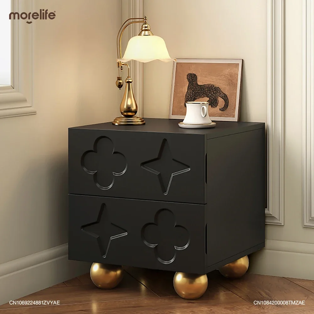 

French Style Retro Light Luxury Black Bedside Table High-end Designer Minimalist Nightstands Modern Medieval Drawer Cabinet F01+