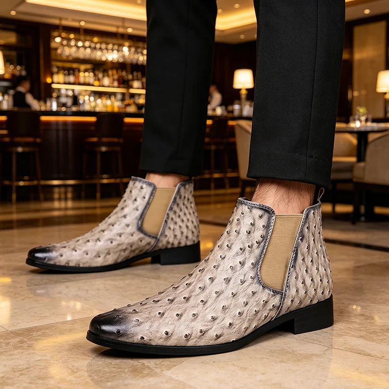 Men Chelsea Boots Imitation Ostrich Pattern Leather Pointed Toe Rubber Ankle Shoes Business Formal Wear Casual Shoes Men