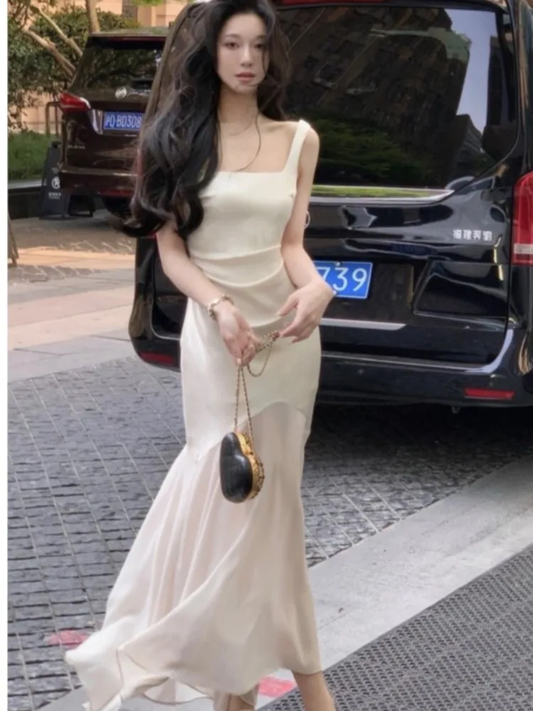 Elegant White Satin Long Dresses for Women Summer New Fashion Evening Party Sleeveless Patchwork Mermaid Female Clothing