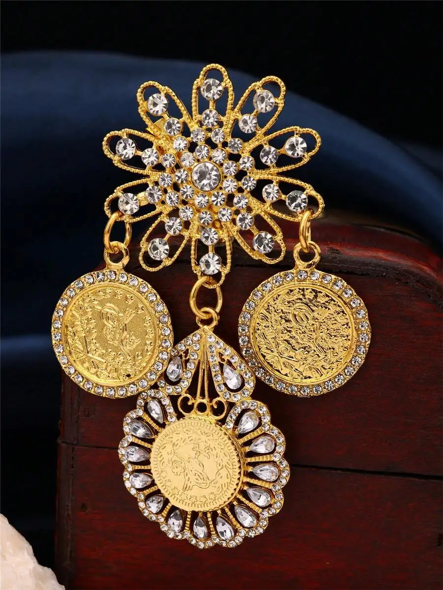 

Vintage Palace Style Zinc Alloy Gold Plated Rhinestone Coin Brooch For Women Evening Party Accessory