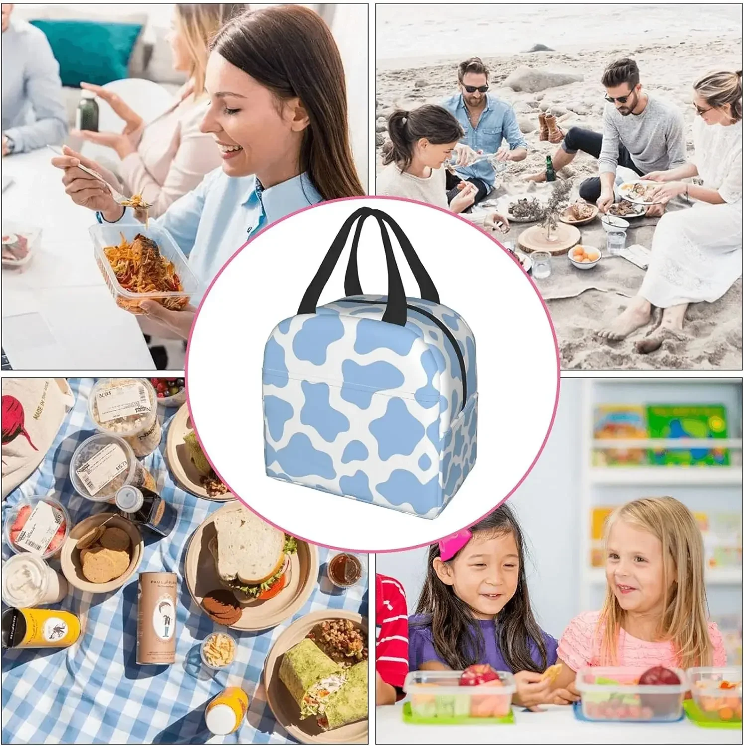 Hellblaue Kuh Tier Lunch Bag für Reise Arbeit Picknick Bento Kühler wieder verwendbare Tote Lunchboxen isolierte Container Einkaufstaschen