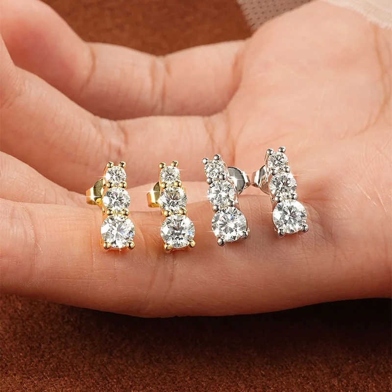 Rrjzz 3mm 4mm 5mm Drei-Stein-Ohrstecker mit Labor-Imitationsdiamanten, D-Farbe Moissanit-Ohrstecker für Damen, Hochzeitsschmuck, Geschenke – Detail 10