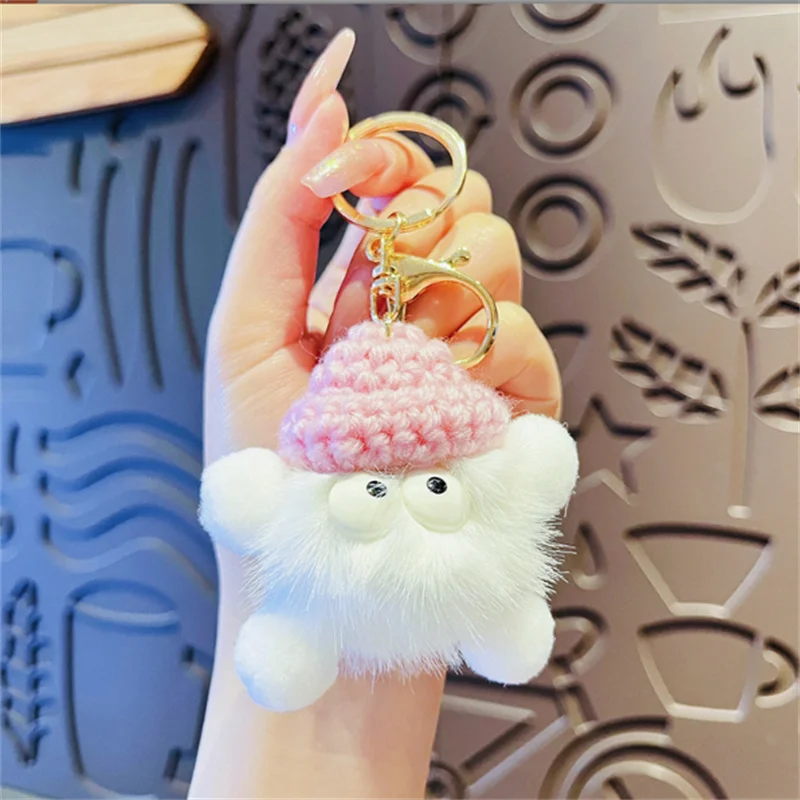 Cute woolen hat, small coal ball, plush doll, car keychain, female exquisite cartoon couple backpack pendant