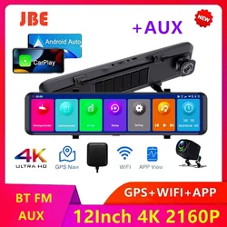 Dash Cam 4K 12Inch3840*2160P Car Mirror Video Recording Carplay & Android Auto Wireless Connection 5G WiFi GPS Navigation FM AUX