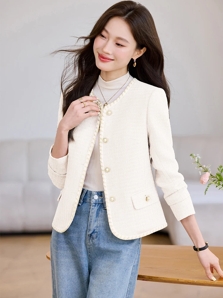 Giacca da donna alla moda da donna color albicocca, kaki, blu, con scollo a O, giacca casual da donna