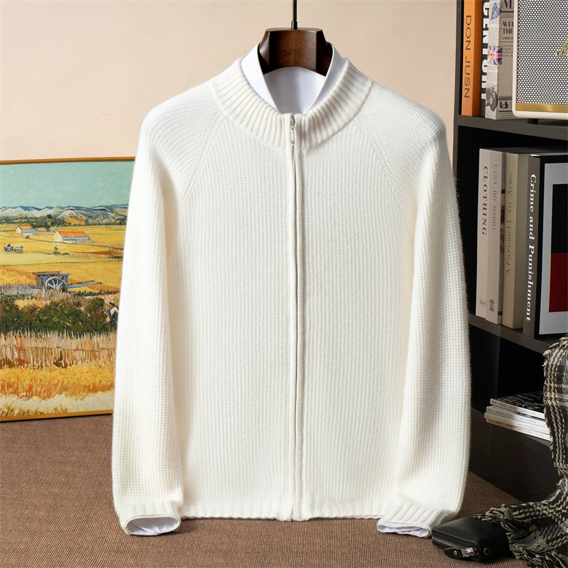 

Мужской свитер из 100% чистого кашемира с полувысоким воротником, свободный трикотажный кардиган в рубчик, однотонный базовый слой