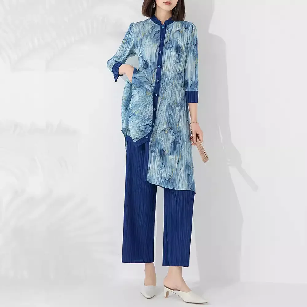 Miyake Pleated 2024 New Autumn Fashion Suit Women's Printed Stand-up Collar Buttoned Top Straight Pants Two-piece Set