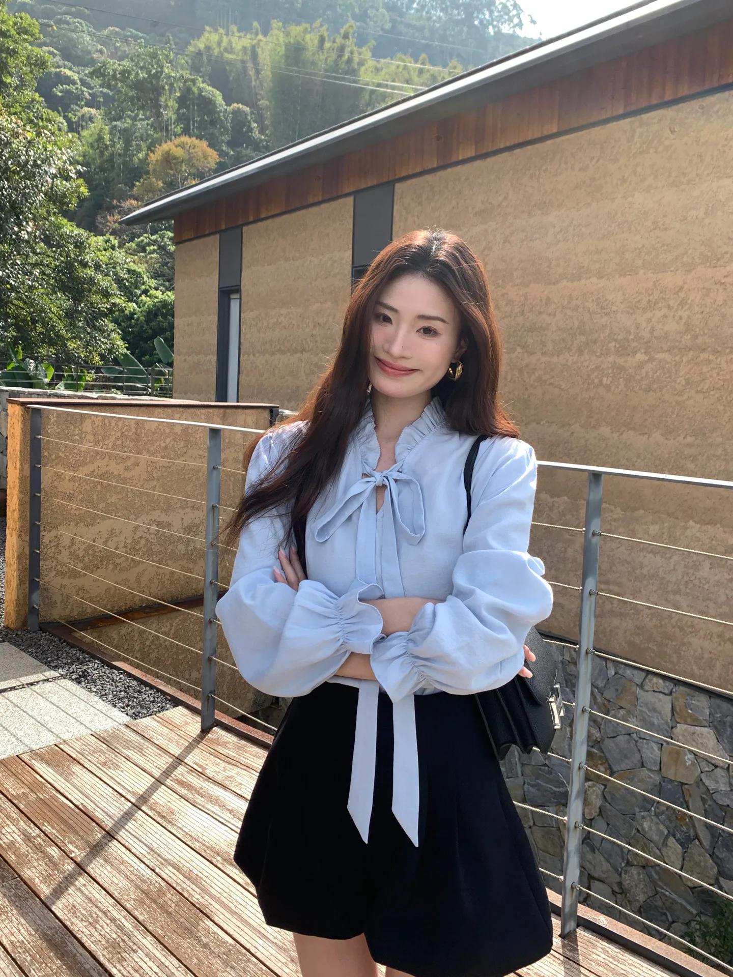 【WENRAN】Women's Light Blue Shirt Ruffle Trim Tie Neck Loose Stylish Blouse Summer Daily Wear