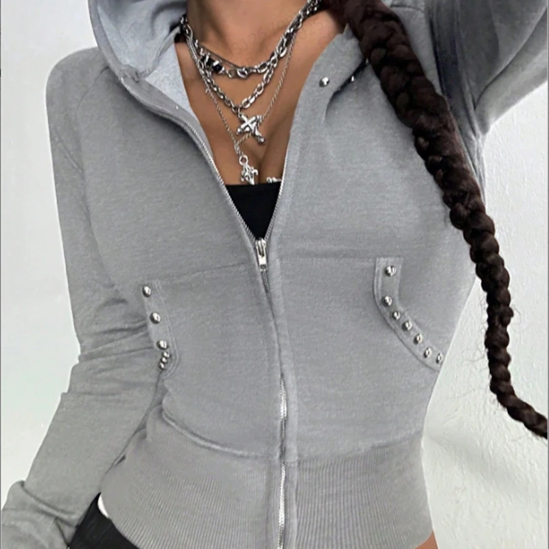 여성 후드 긴 소매 리벳 지퍼가 달린 스웨트 셔츠 캐주얼 자켓 데일리웨어 야외 활동 streetwear