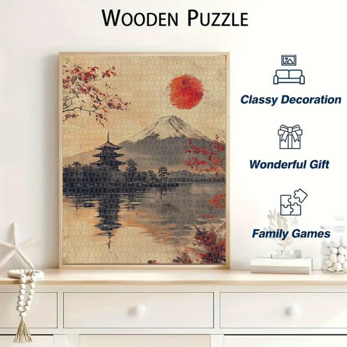 1000 قطعة من اللغز الياباني - جبل فوجي، الشمس الحمراء، معبد وأزهار الكرز - لغز التحدي للبالغين مع Lan الياباني التقليدي